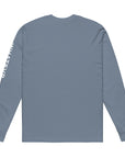Women's heavyweight long sleeve t-shirt in blue, back view