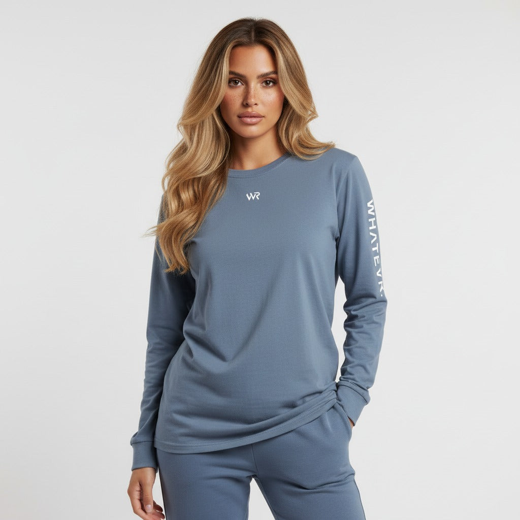 Women's heavyweight long sleeve t-shirt in blue, front view