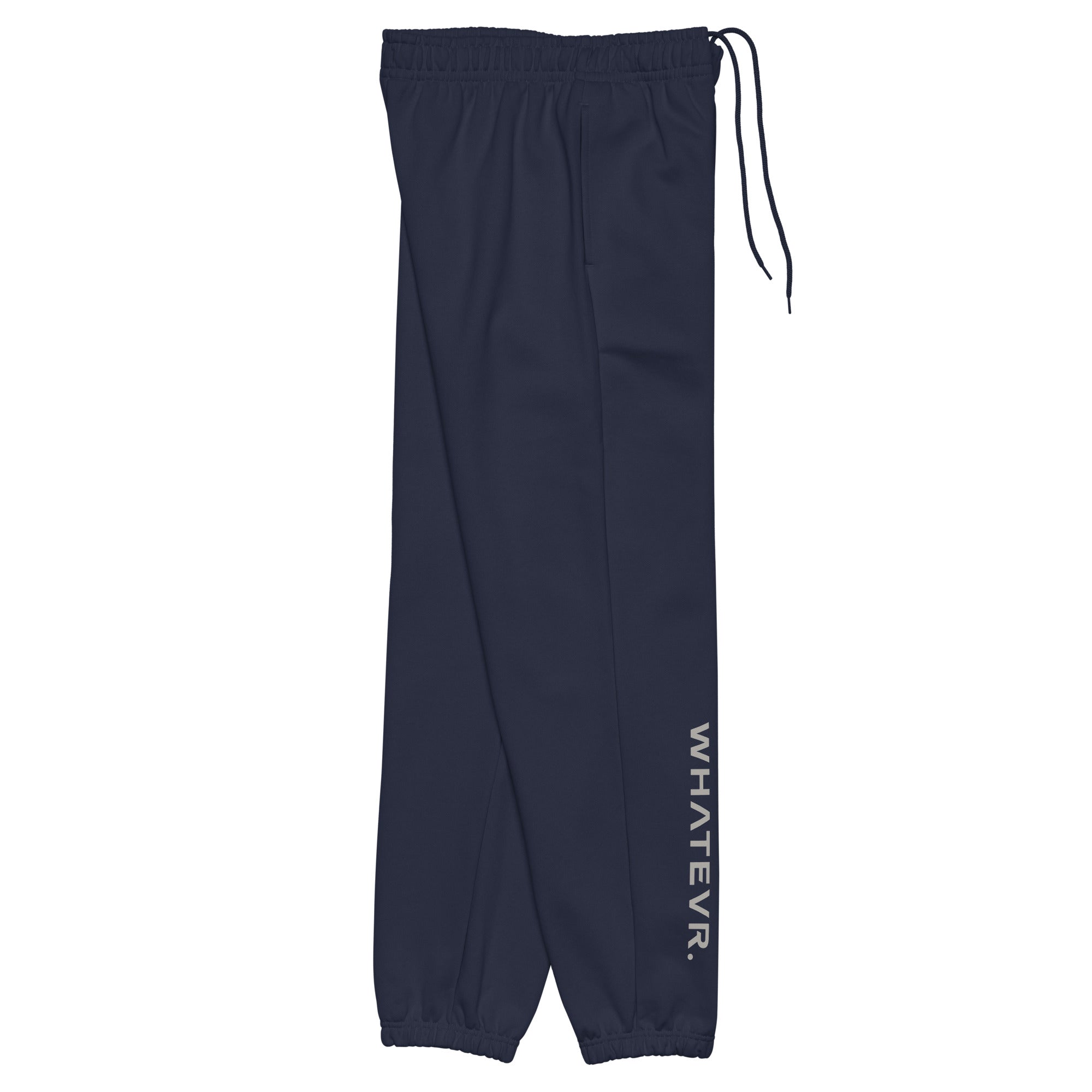 Women's premium heavyweight sweatpants in blue, side view.