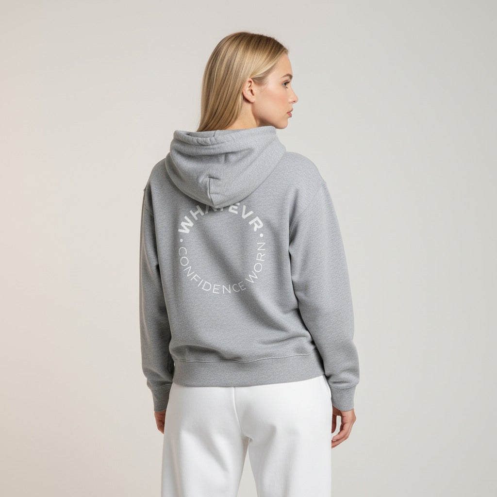 Women's premium heavyweight hoodie in ash heather with "Confidence Worn" text, back view.