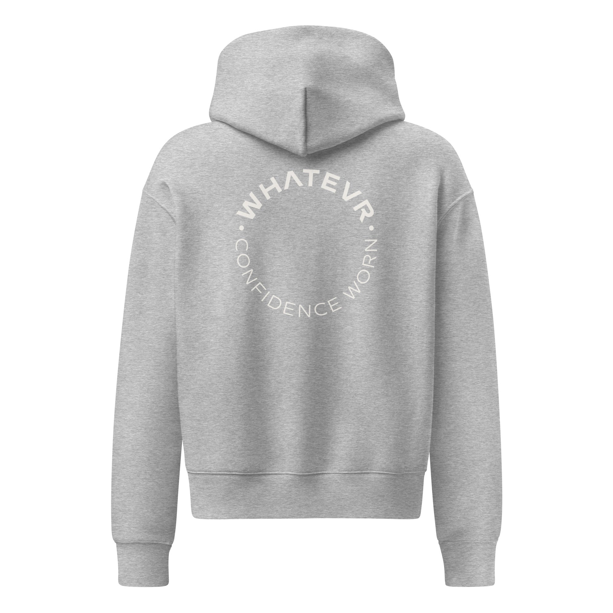 Women's premium heavyweight hoodie in ash heather with "Confidence Worn" text, back view.
