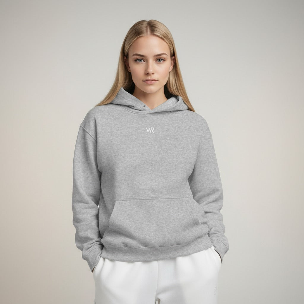 Women's premium heavyweight hoodie in ash heather with "WR" logo, front view.