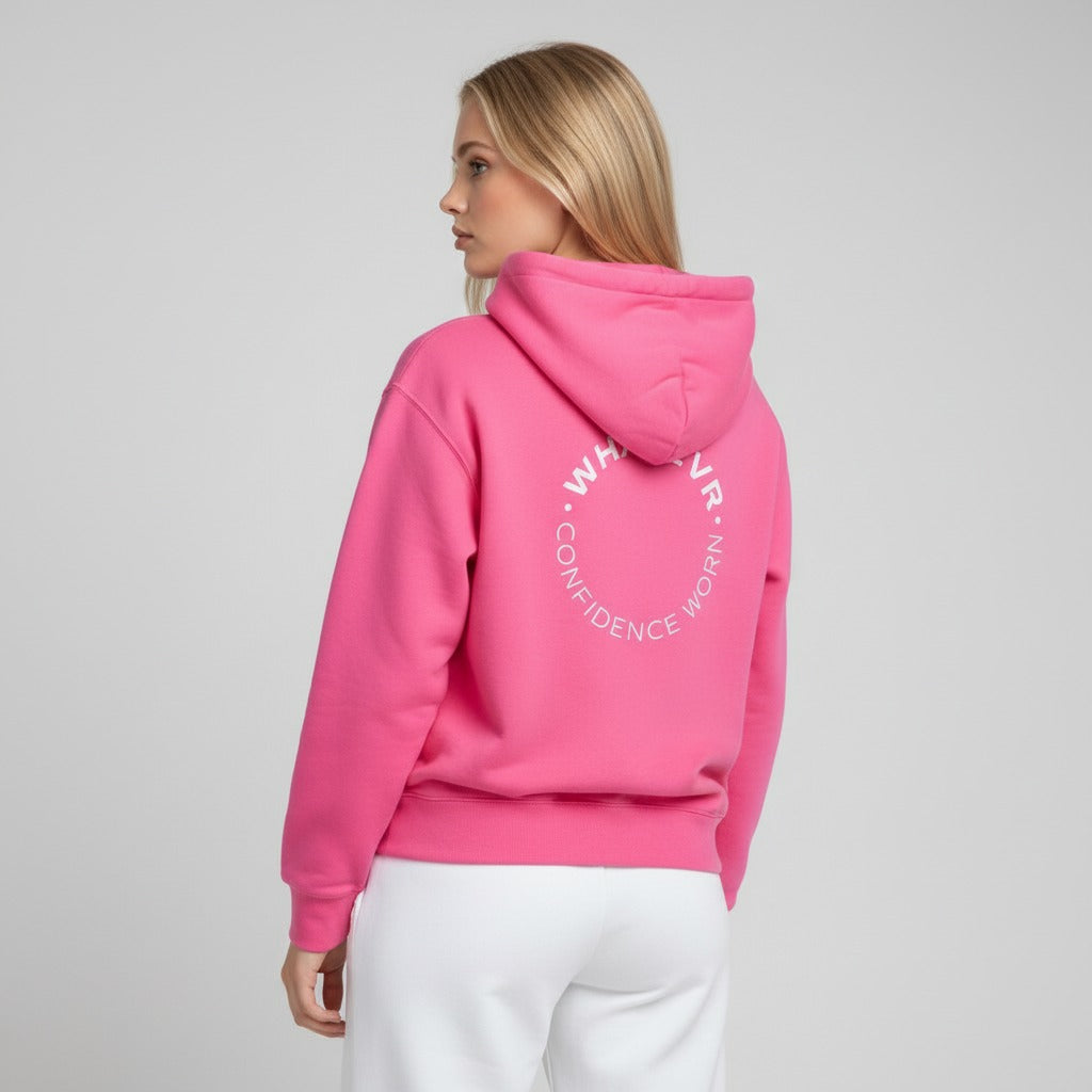 Women's premium heavyweight hoodie in pink with "Confidence Worn" text, back view.