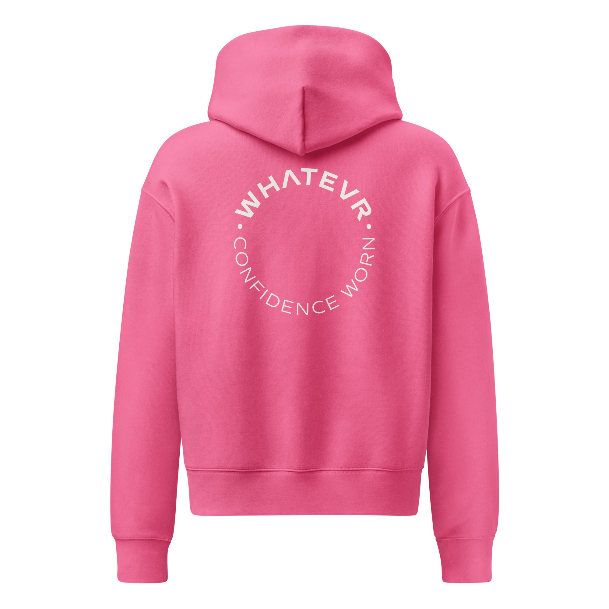 Women's premium heavyweight hoodie in pink with "Confidence Worn" text, back view.