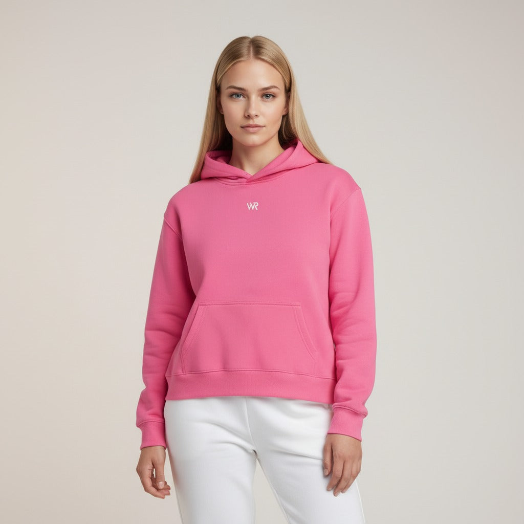 Women's premium heavyweight hoodie in pink with "WR" logo, front view.