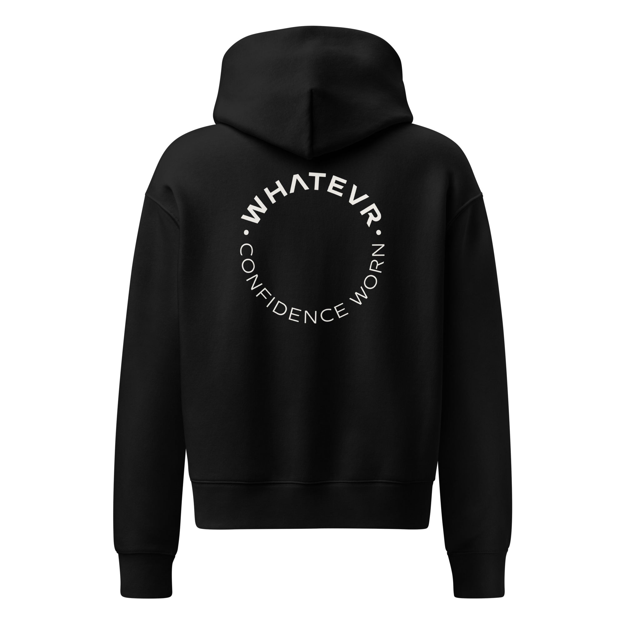 Women's premium heavyweight hoodie in black with "Confidence Worn" text, back view.