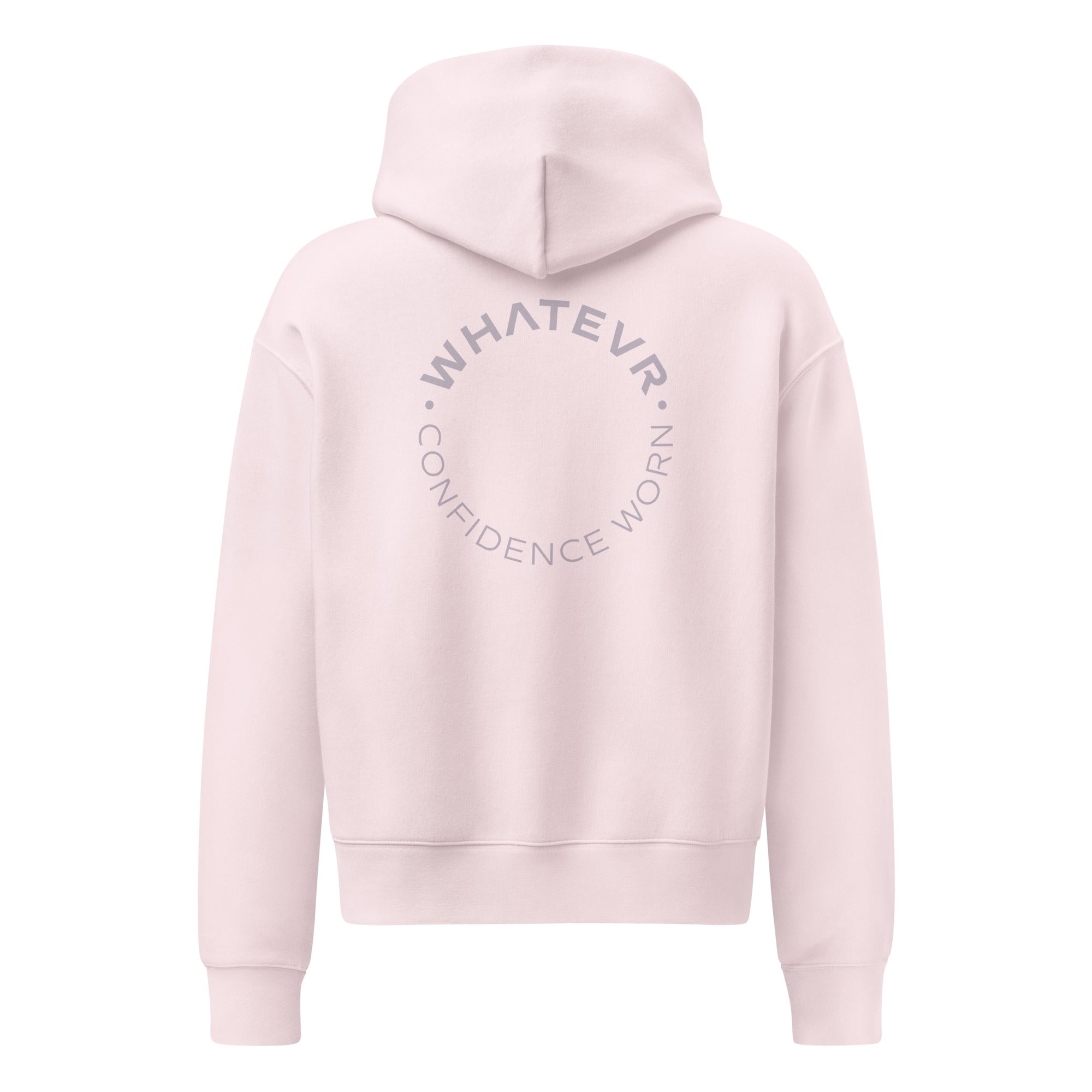 Women's premium heavyweight hoodie in lilac with "Confidence Worn" text, back view.