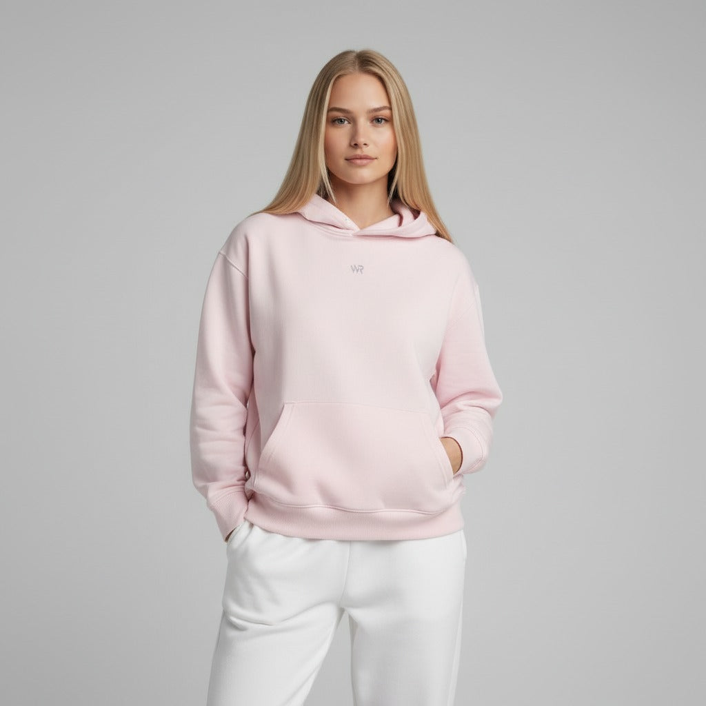 Women's premium heavyweight hoodie in lilac with "WR" logo, back view.