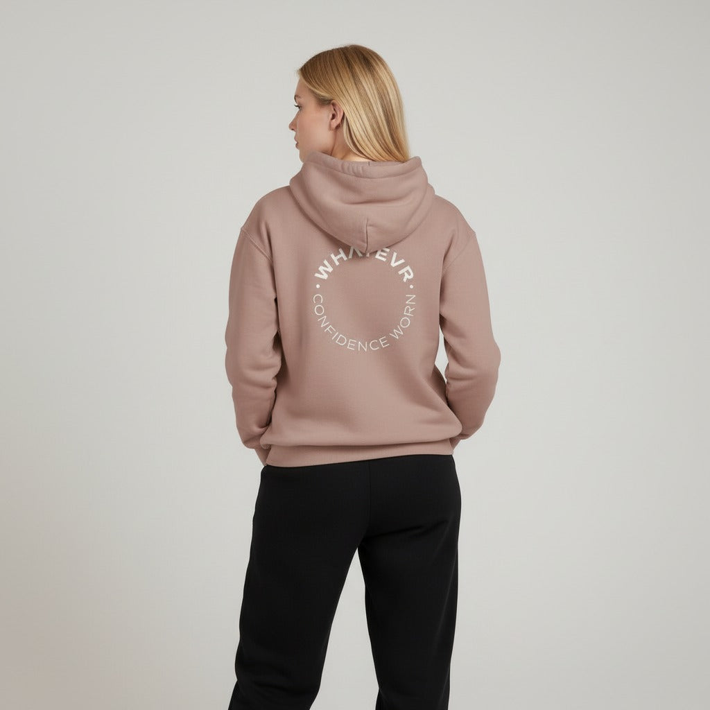 Women's premium heavyweight hoodie in taupe with "Confidence Worn" text, back view.