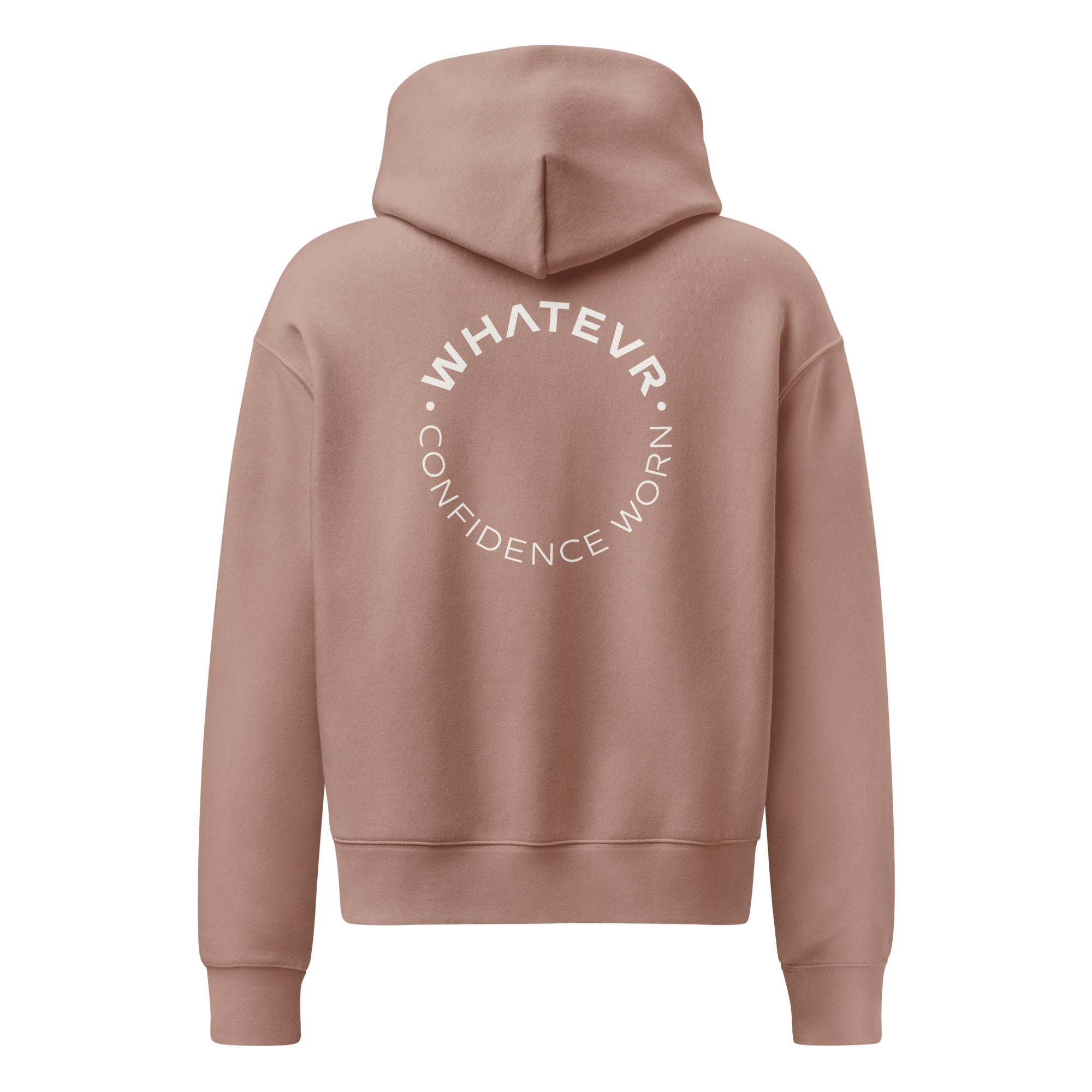 Women's premium heavyweight hoodie in taupe with "Confidence Worn" text, back view.