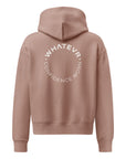 Women's premium heavyweight hoodie in taupe with "Confidence Worn" text, back view.