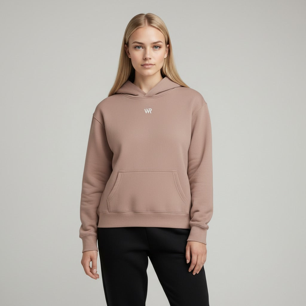 Women's premium heavyweight hoodie in taupe with "WR" logo, front view.