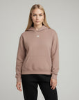 Women's premium heavyweight hoodie in taupe with "WR" logo, front view.
