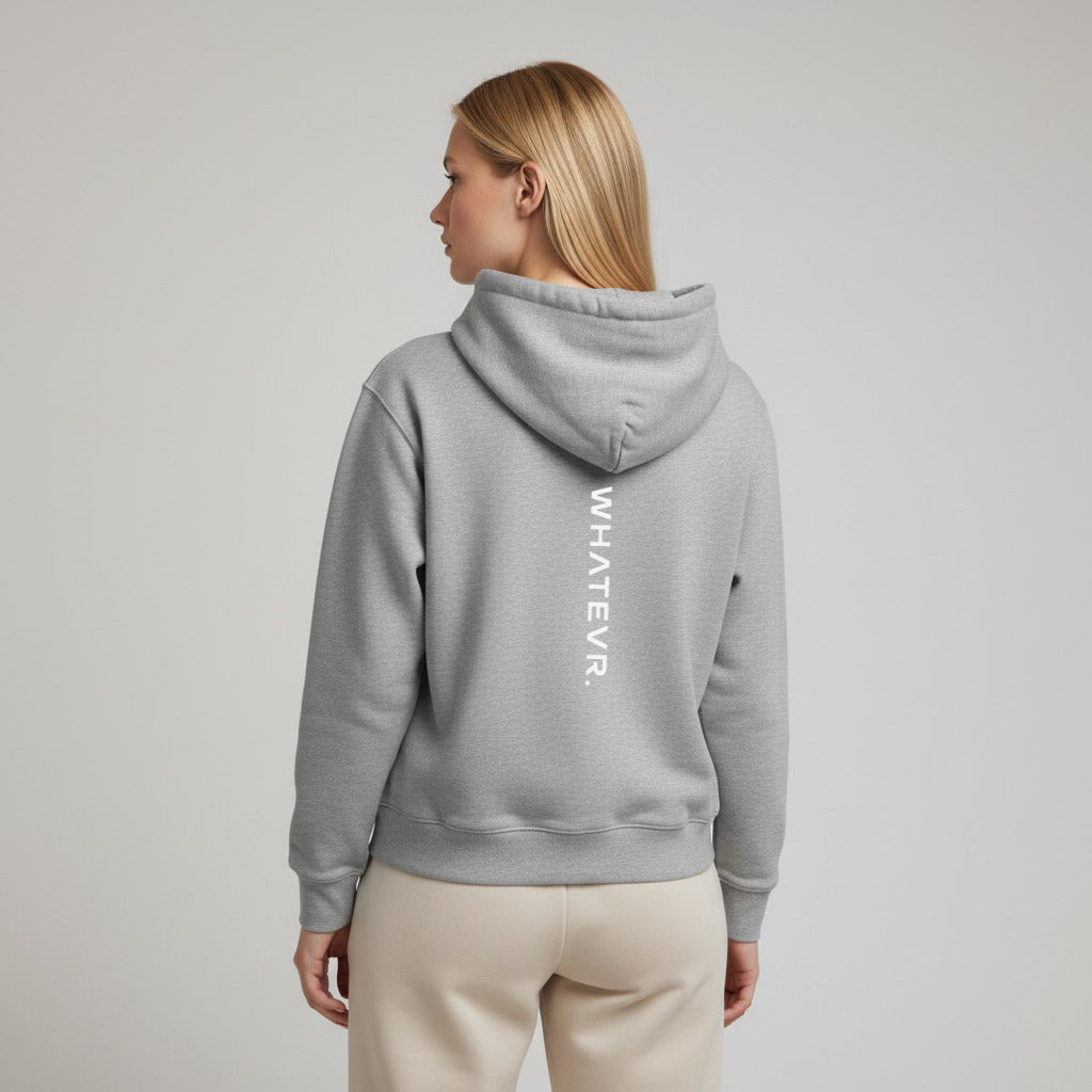 Women's premium heavyweight hoodie in ash heather with "WHATEVR" text, back view.