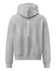 Women's premium heavyweight hoodie in ash heather with "WHATEVR" text, back view.