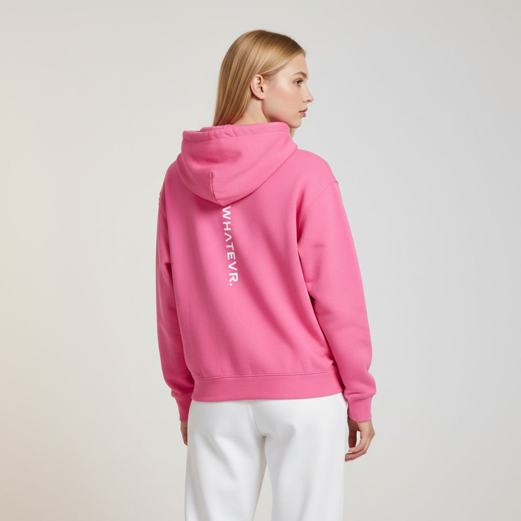 Women's premium heavyweight hoodie in pink with "WHATEVR" text, back view.