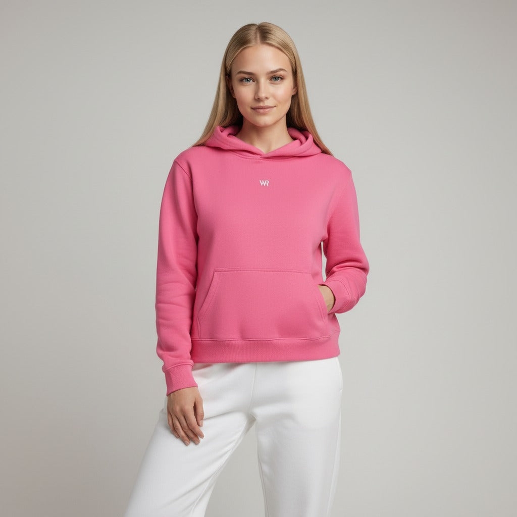 Women's premium heavyweight hoodie in pink with "WR" logo, front view.