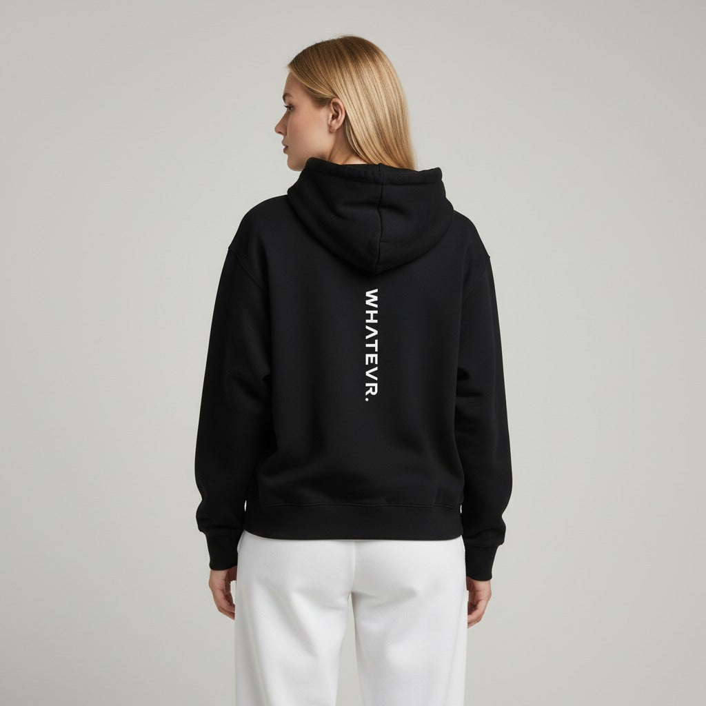 Women's premium heavyweight hoodie in black with "WHATEVR" text, back view.