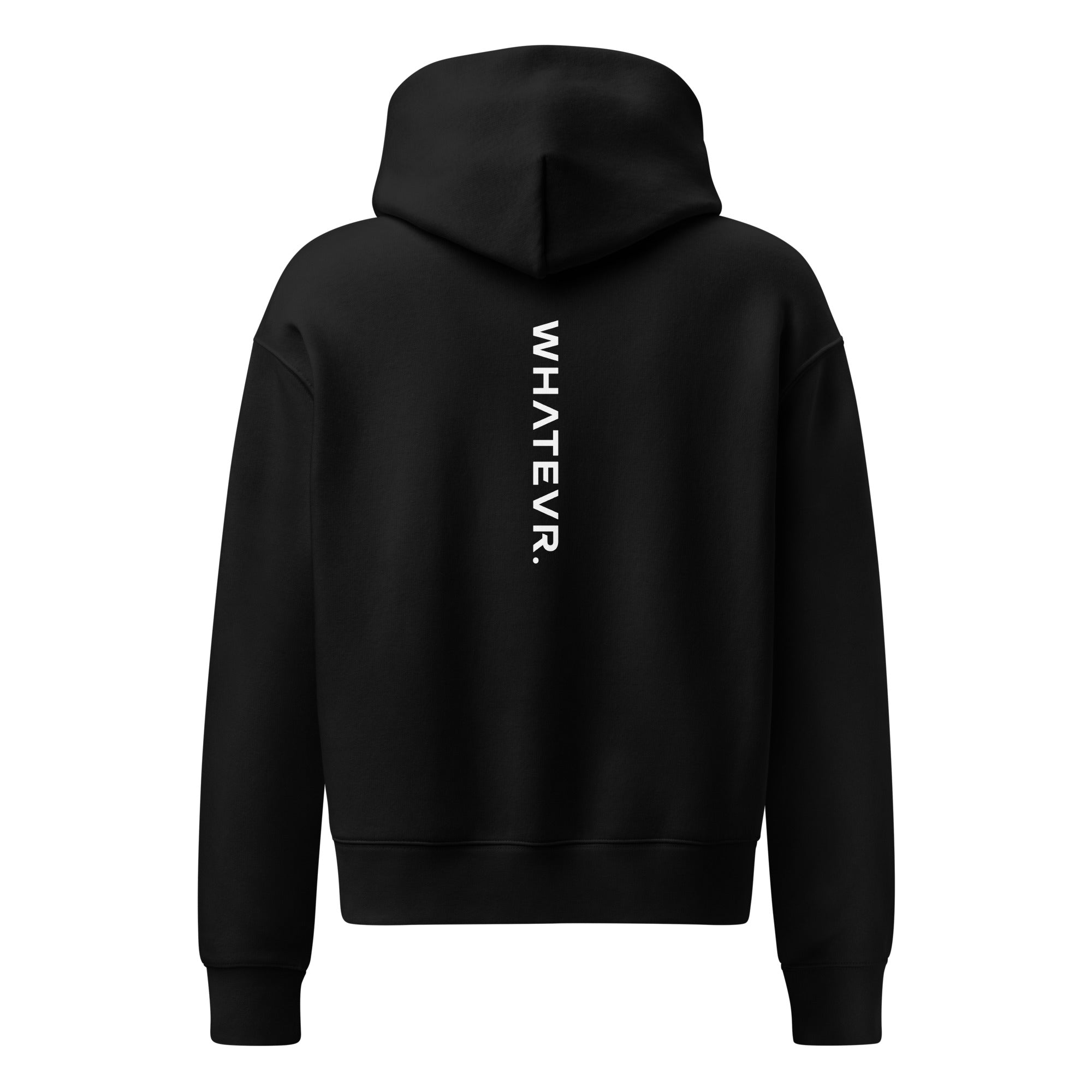 Women's premium heavyweight hoodie in black with "WHATEVR" text, back view.