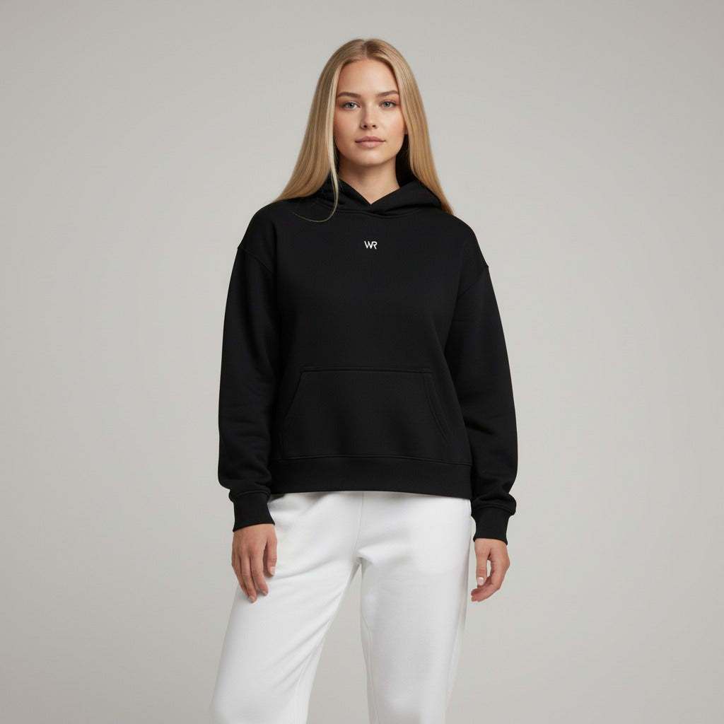 Women's premium heavyweight hoodie in black with "WR" logo, front view.