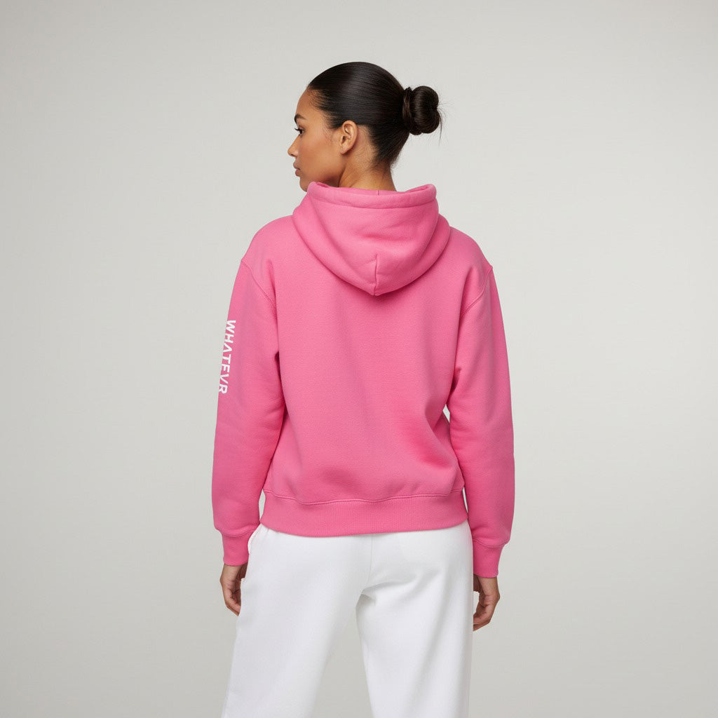 Women's premium heavyweight hoodie in pink, back view.