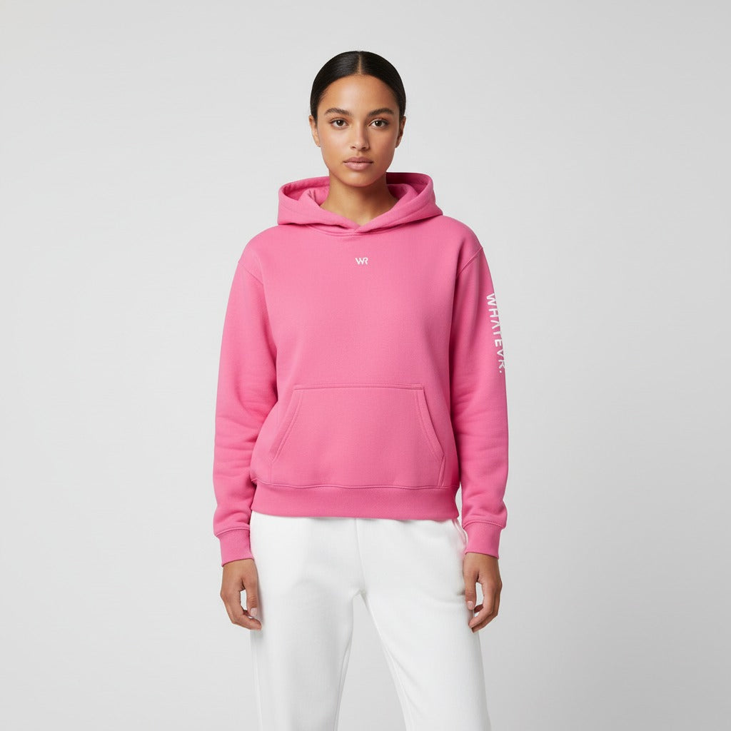 Women's premium heavyweight hoodie in pink with "WR" logo, front view.