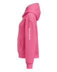 Women's premium heavyweight hoodie in pink with "WHATEVR" text, side view.