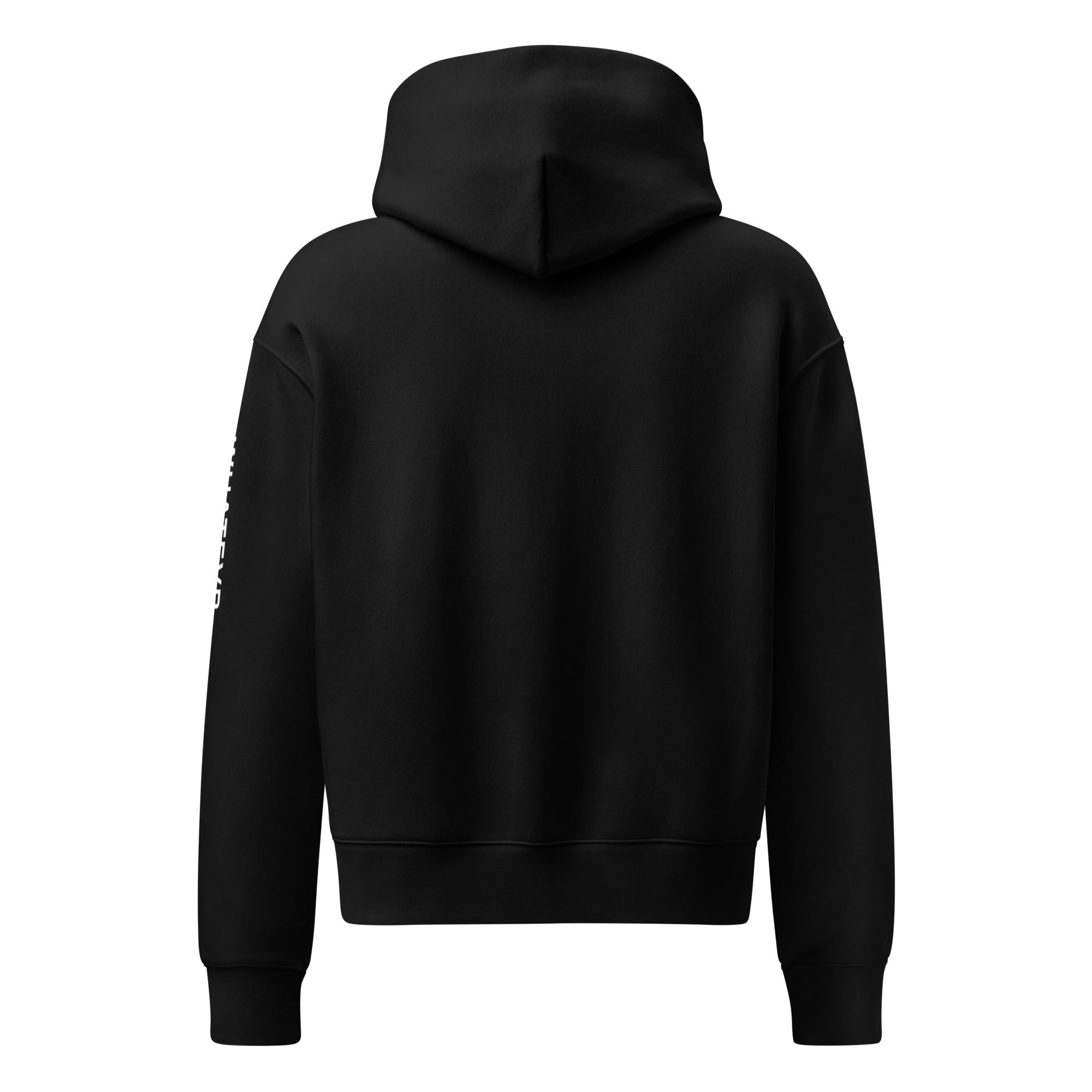 Women's premium heavyweight hoodie in black, back view.