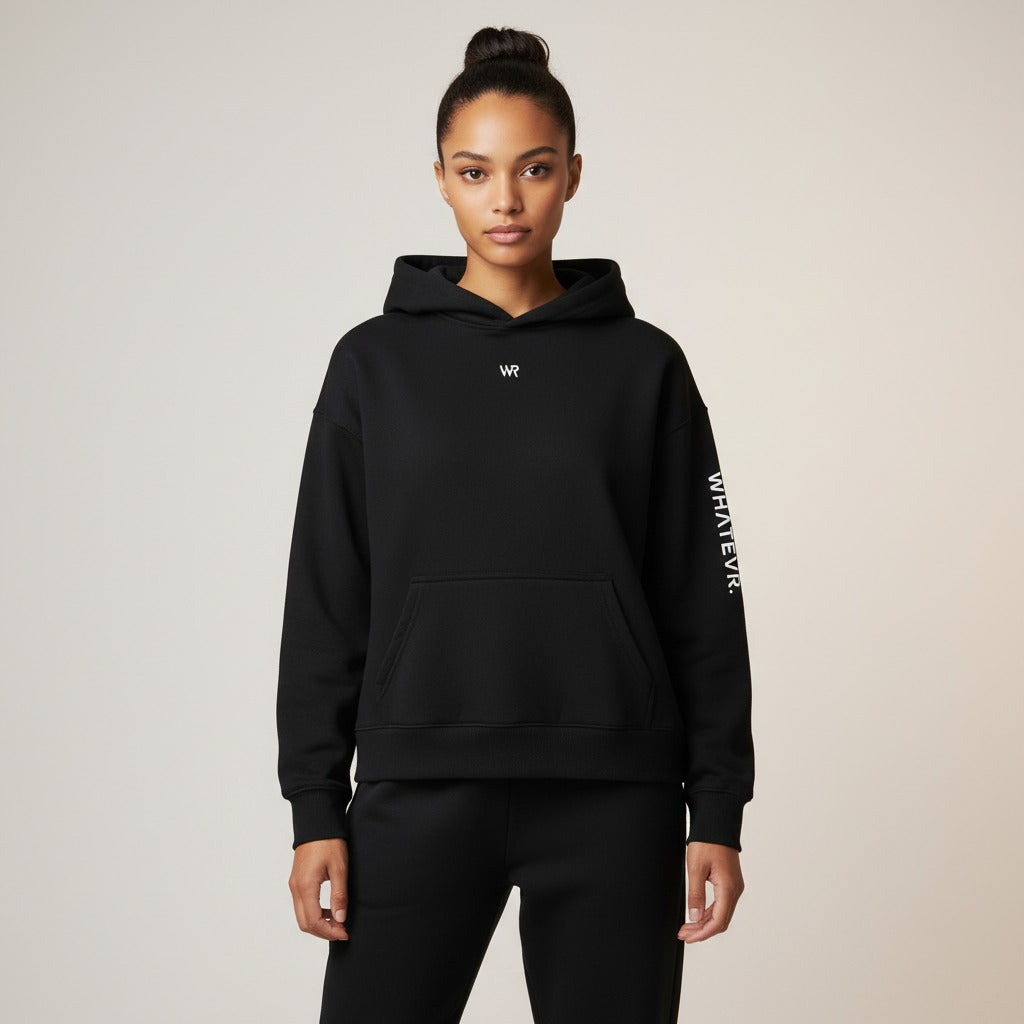 Women's premium heavyweight hoodie in black with "WR" logo, front view.
