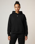 Women's premium heavyweight hoodie in black with "WR" logo, front view.