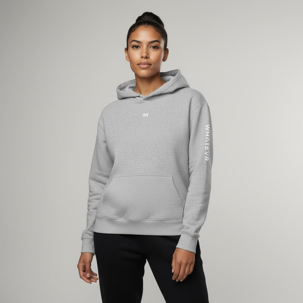 Women's premium heavyweight hoodie in heather grey with "WR" logo, front view.