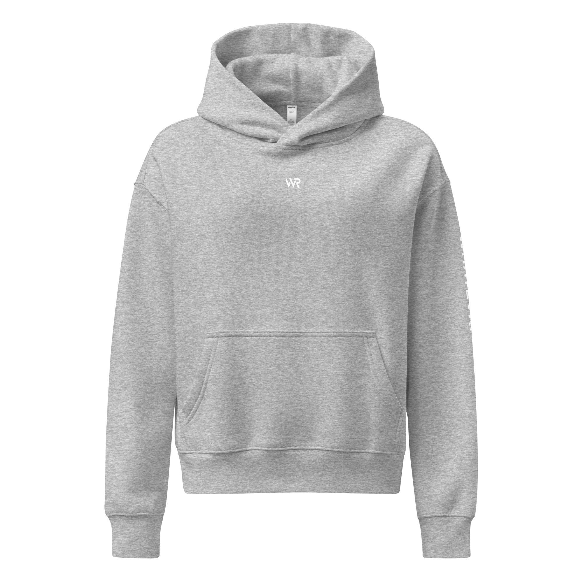 Women's premium heavyweight hoodie in heather grey with "WR" logo, front view.