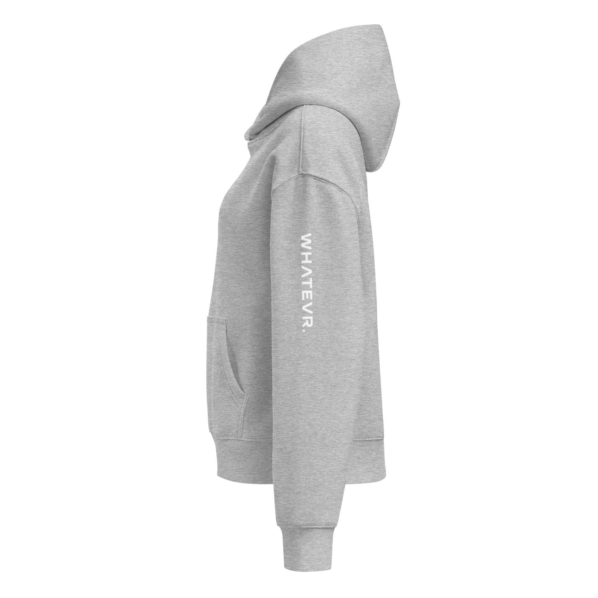 Women's premium heavyweight hoodie in heather grey with "WHATEVR" text, side view.