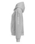 Women's premium heavyweight hoodie in heather grey with "WHATEVR" text, side view.