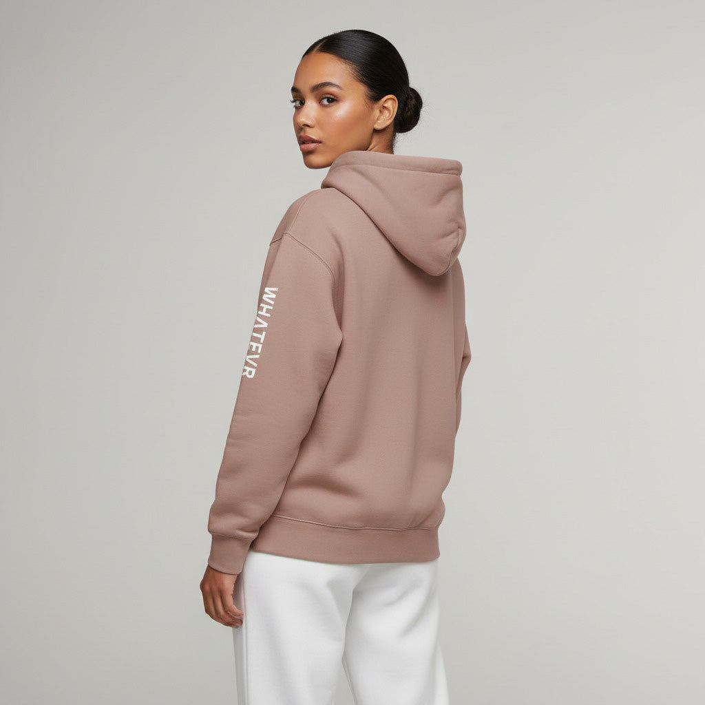 Women's premium heavyweight hoodie in taupe with "WHATEVR" text, side view.