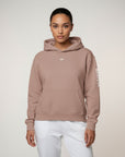 Women's premium heavyweight hoodie in taupe with "WR" logo, front view.