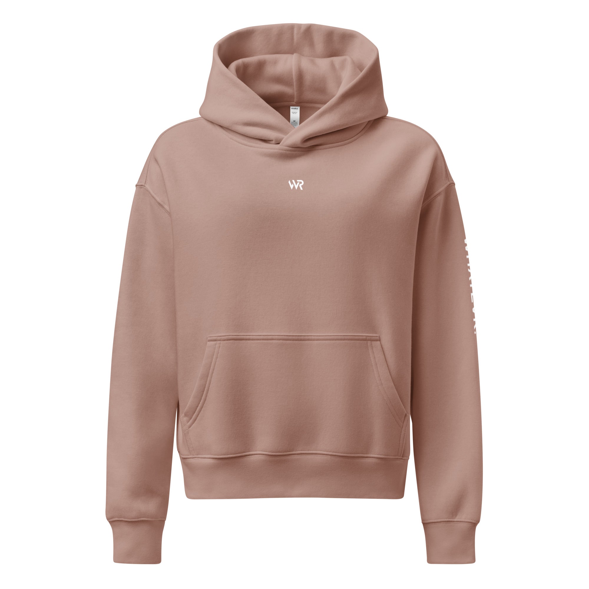 Women's premium heavyweight hoodie in taupe with "WR" logo, front view.