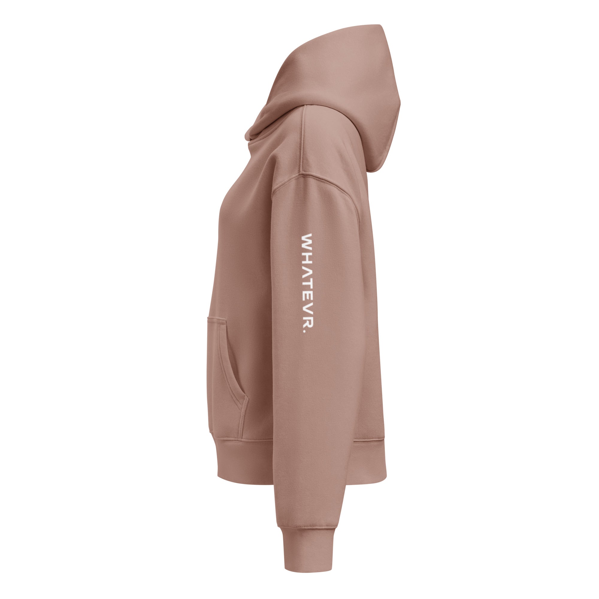 Women's premium heavyweight hoodie in taupe with "WHATEVR" text, side view.