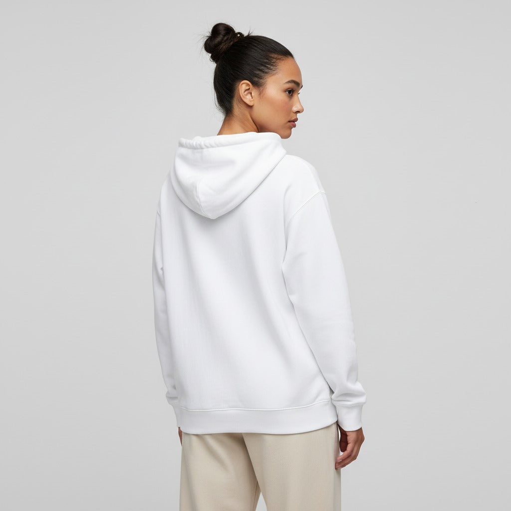 Women's premium heavyweight hoodie in white, back view.