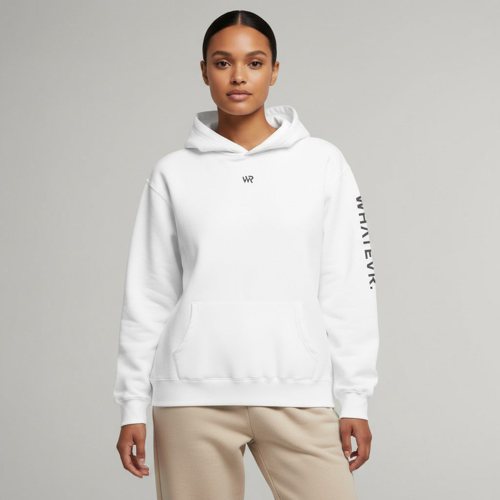 Women's premium heavyweight hoodie in white with "WR" logo, front view.