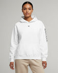 Women's premium heavyweight hoodie in white with "WR" logo, front view.