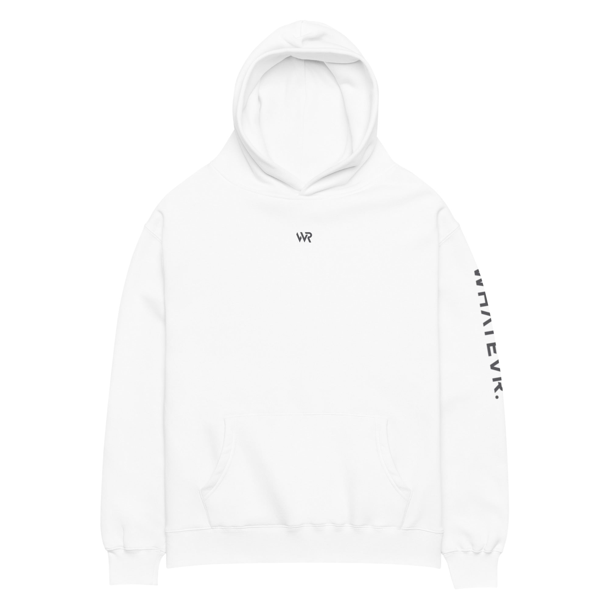 Women's premium heavyweight hoodie in white with "WR" logo, front view.
