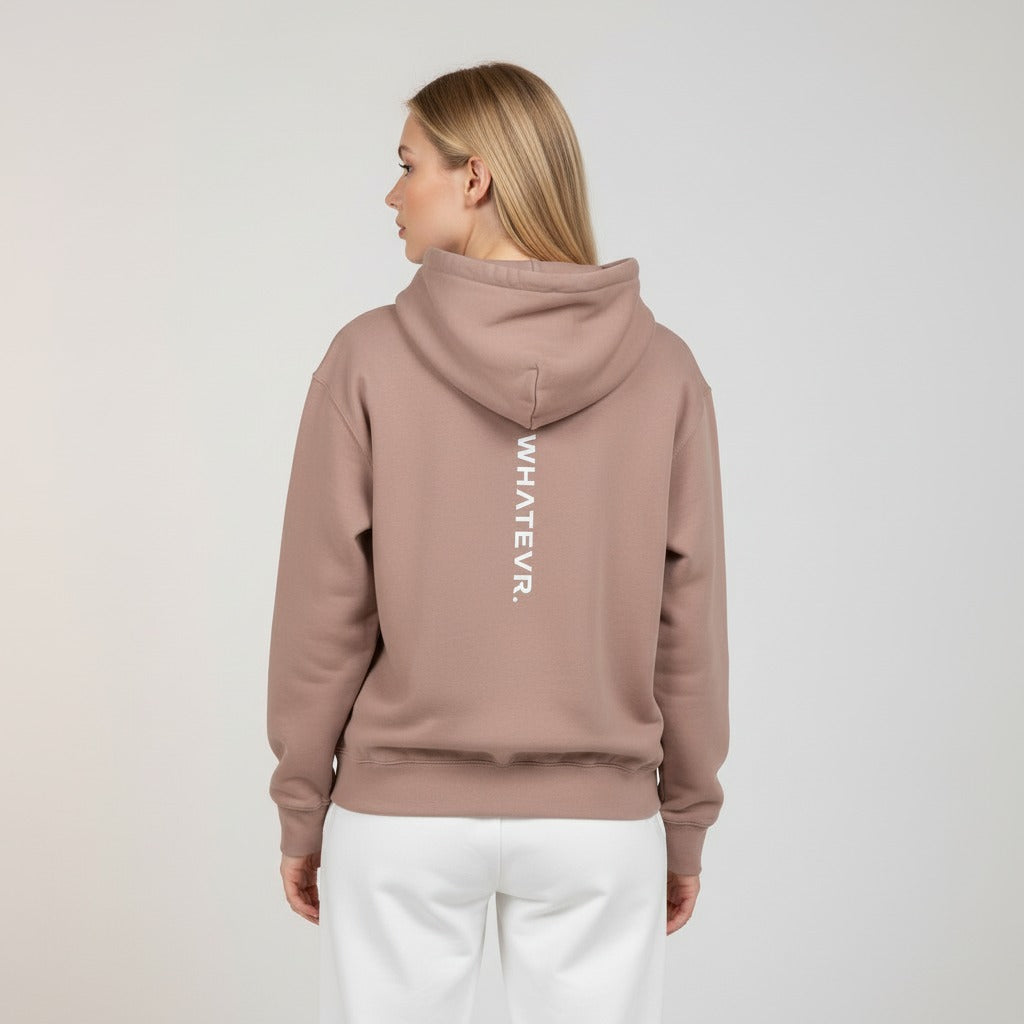Women's premium heavyweight hoodie in taupe with "WHATEVR" text, back view.