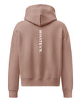 Women's premium heavyweight hoodie in taupe with "WHATEVR" text, back view.