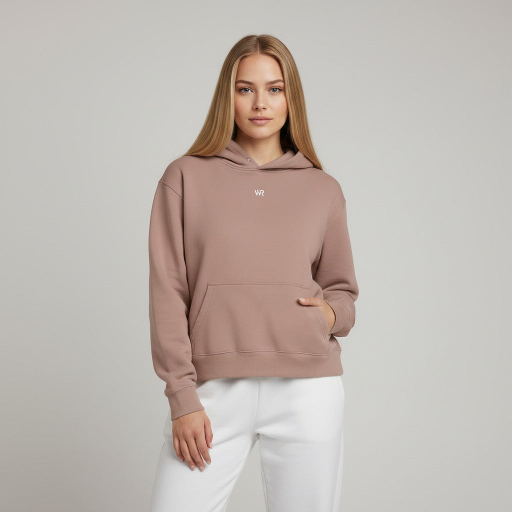 Women's premium heavyweight hoodie in taupe with "WR" logo, front view.
