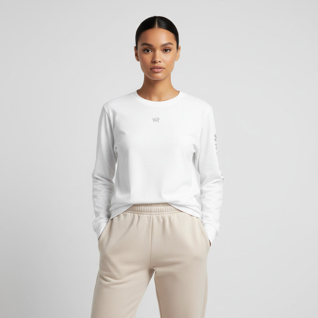 Women's premium heavyweight long sleeve t-shirt in white, front view