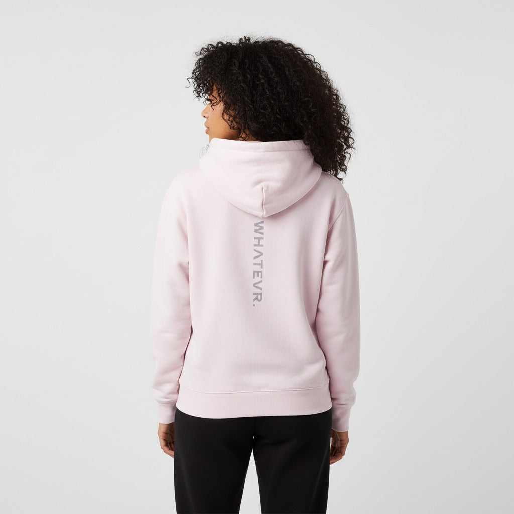 Women's premium heavyweight hoodie in pink with "WHATEVR" text, back view.