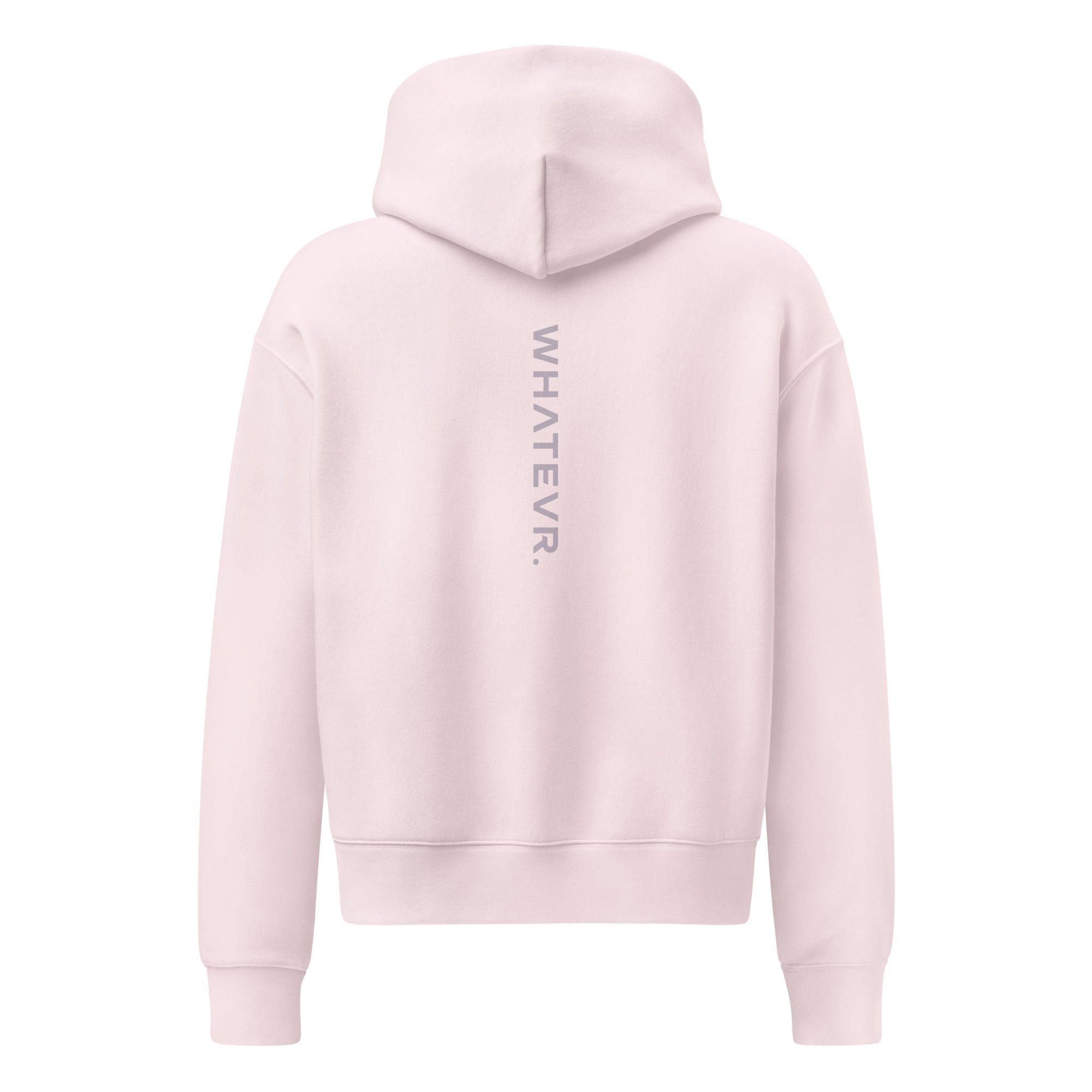 Women's premium heavyweight hoodie in pink with "WHATEVR" text, back view.