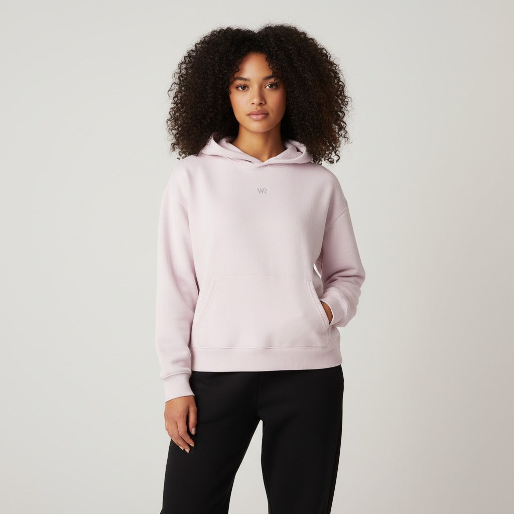 Women's premium heavyweight hoodie in pink with "WR" logo, front view.