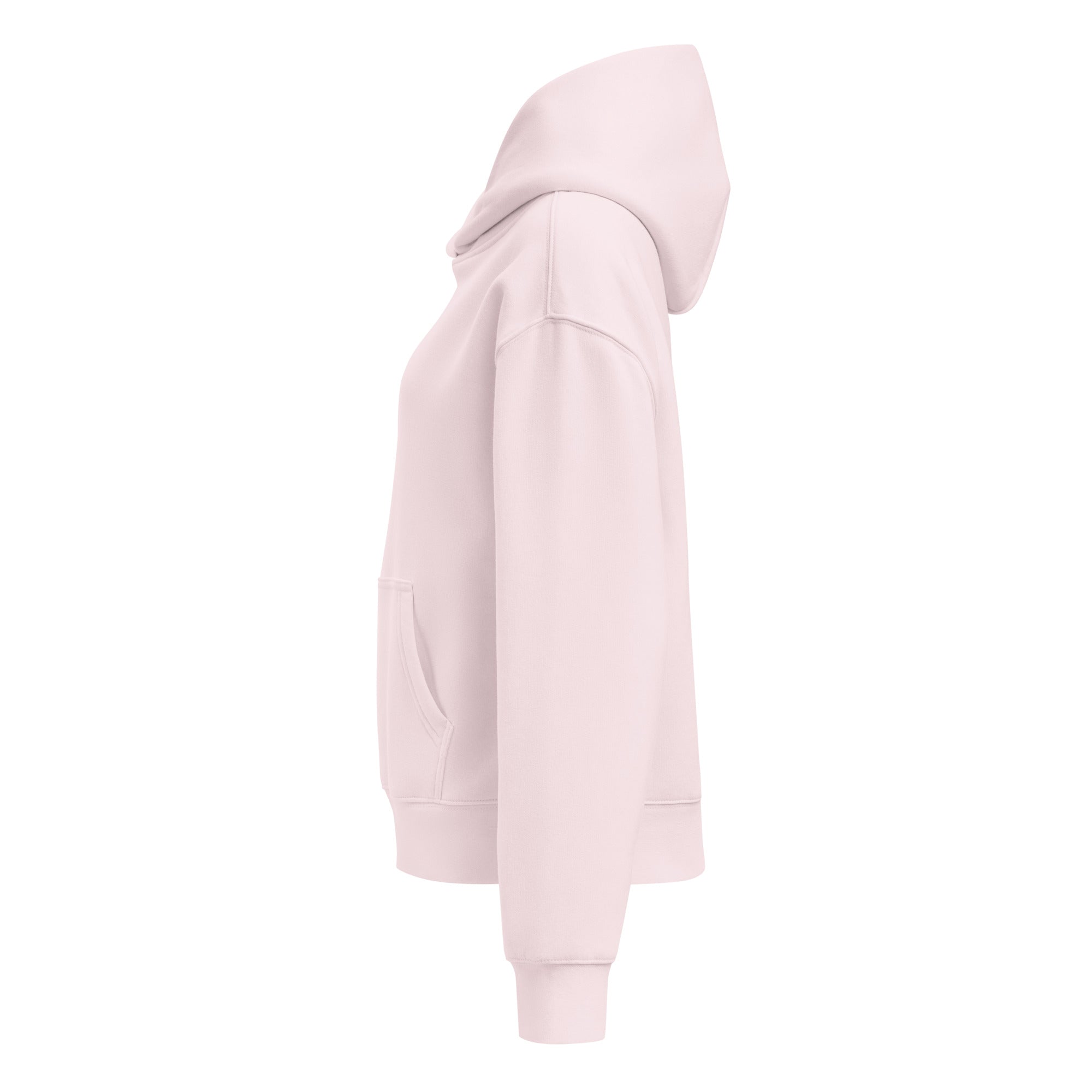 Women's premium heavyweight hoodie in pink, side view.